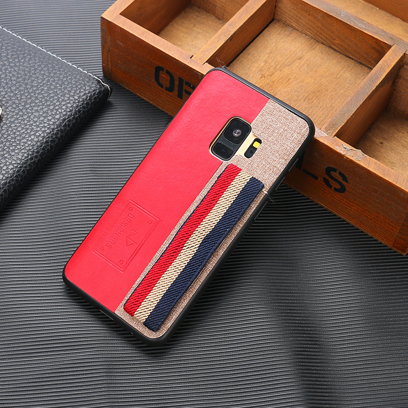 Galaxy S9+ (Plus) Striped Hand Strap Grip Holder PU LEATHER Case (Red)